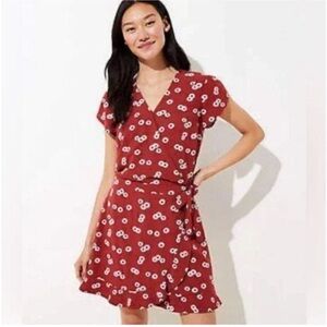 Loft Rust Red Floral Wrap Dress Skort Daisy Print Short Sleeve Romper